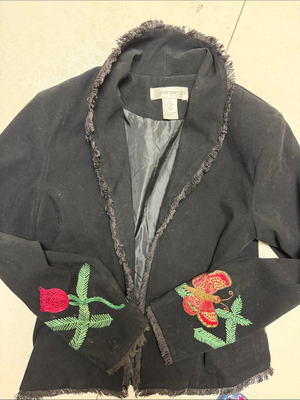 Source Unknown Black Blazer with Red & Green Embroidered Flowers